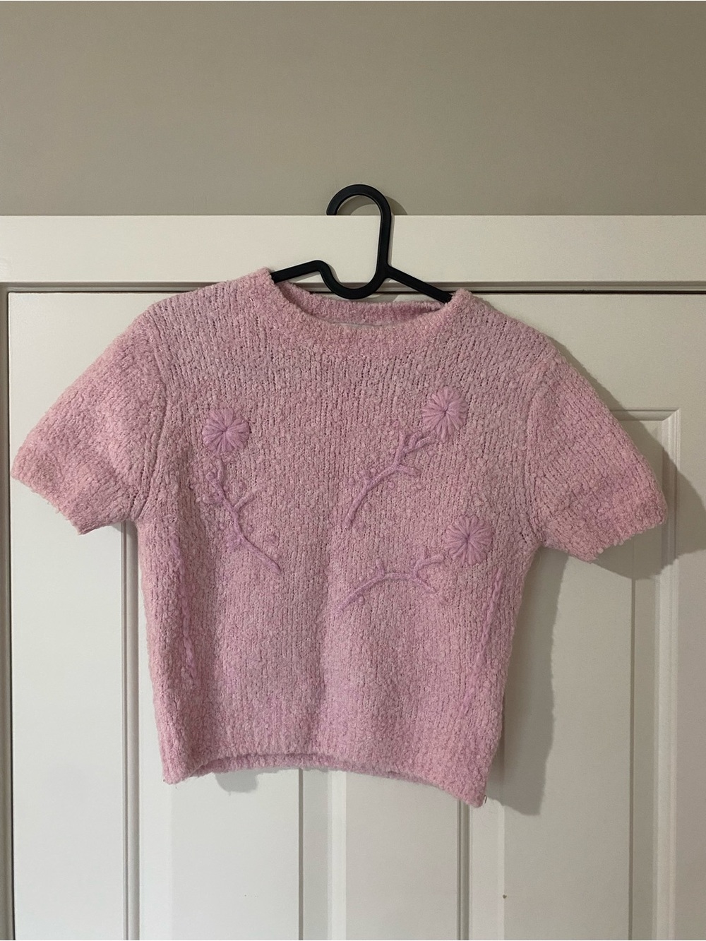 Zara Pink Short Sleeve Textured Floral Knit Top